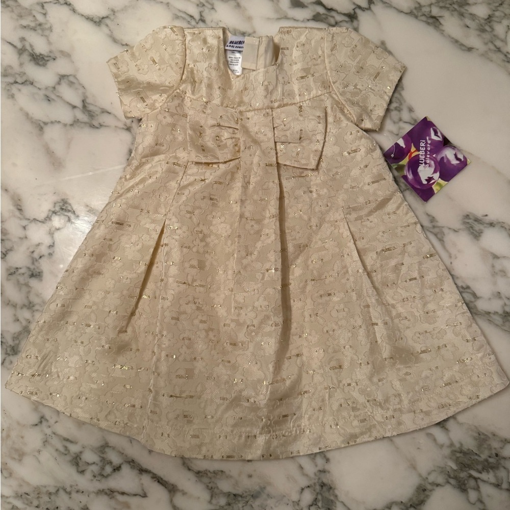 NWT Blueberi Boulevard Baby Girl Ivory & Gold Double Lined Dress Holiday - Picture 3 of 8
